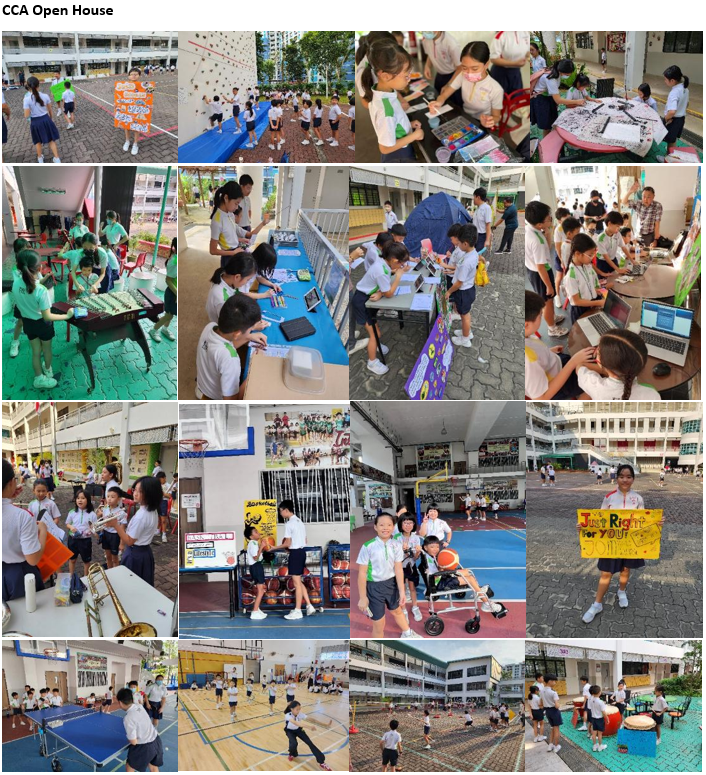 Collage of school students participating in various CCA Open House activities including sports, arts, and technology displays.